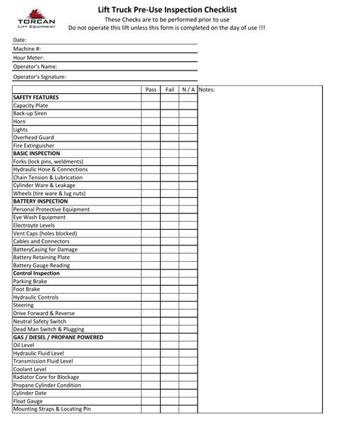 Lift Truck Pre Use Inspection Checklist Template Torcan Fill Out