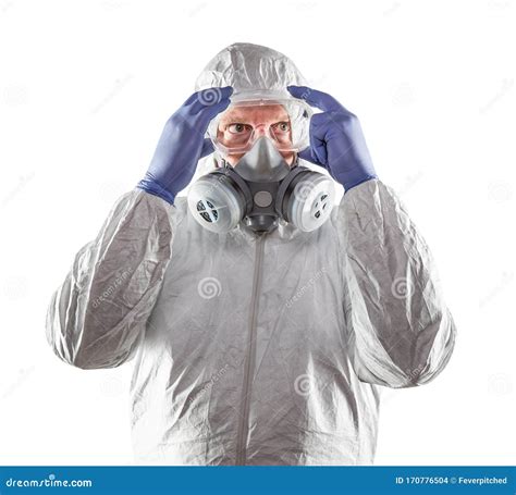 Man Wearing Hazmat Suit Goggles And Gas Mask Isolated On White Stock