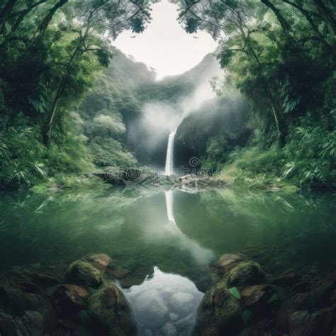 A Waterfall In The Middle Of A Lush Green Forest Generative Ai Image