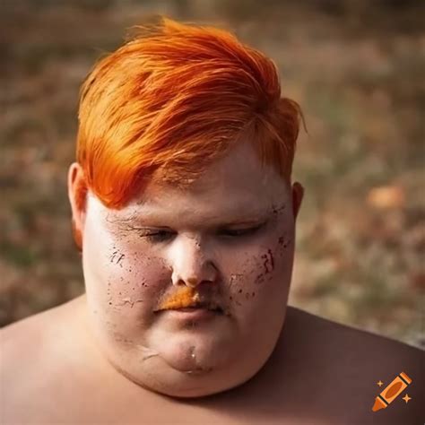 Fat Obese Bavarian Man Short Orange Hair Red Bearded In Mud Tattoo On