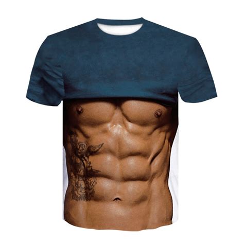 Summer Funny Open Clothes Six Pack Abdominal Muscle Tattoo T Shirt 3d Print Short Sleeve Muscle