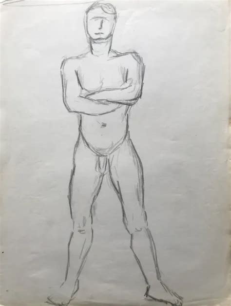 ZEICHNUNG SKIZZE STUDIE Stehender männlicher Akt Male Nude 25 x 33 cm