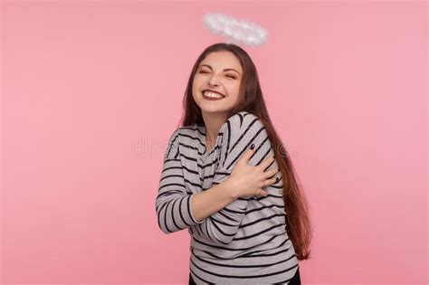 I Love Myself Portrait Of Charming Girl In Checkered Shirt Hugging