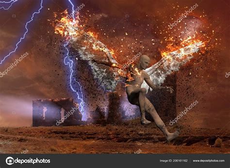 Surreal Digital Art Lightning Strikes Spooky Ruins Naked Man Burning Stock Photo Rolffimages