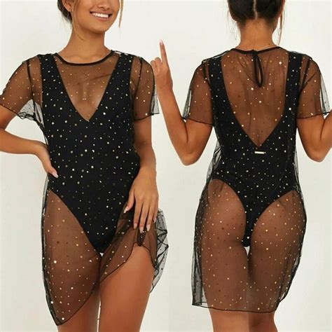 Women Sequin Mesh Bikini Cover Up Beach Wear Hollow Out See Through