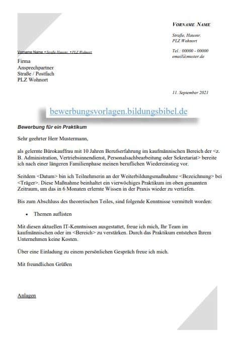 Bewerbung Praktikum 8 Bereiche Anschreiben Word And Pdf Muster Kostenlos