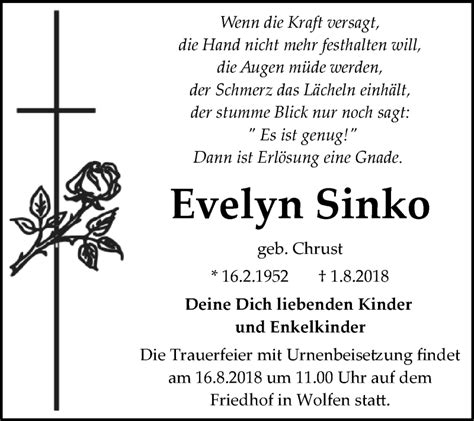 Traueranzeigen Von Evelyn Sinko Abschied Nehmen De