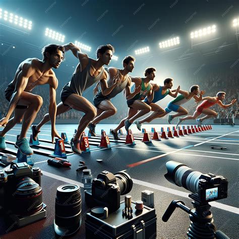 Premium Photo | Olympic sprinters at the starting blocks with media cameras