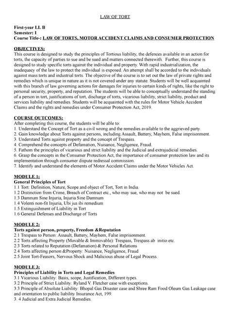 Law Of Tort Syllabus Law Of Tort Study Material Law Of Tort First