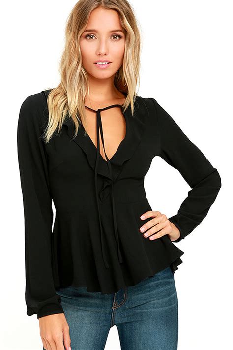 Chic Black Long Sleeve Top Tie Neck Top Long Sleeve Peplum Top