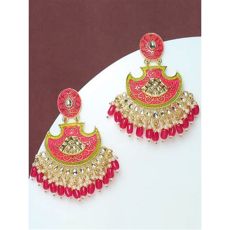 Buy Oomph Rani Pink Green Meenakari Kundan Ethnic Drop Chandbali