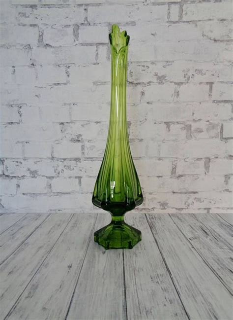 Vintage Viking Green Swung And Cast Glass Vase Tall Etsy Glass