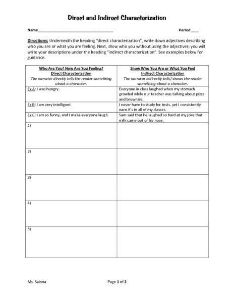 Direct And Indirect Characterization Worksheet For Middle School Kid