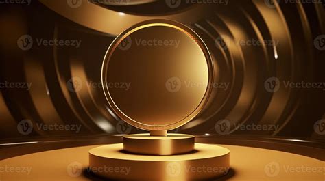 Golden podium with round frame on black background. Award ceremony ...