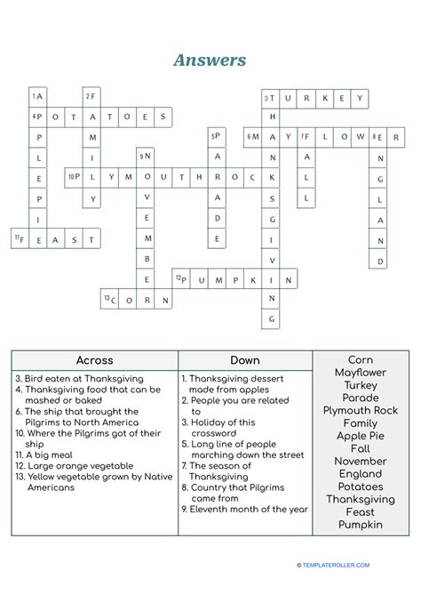 Thanksgiving Crossword Puzzle - With Answers Download Printable PDF ...