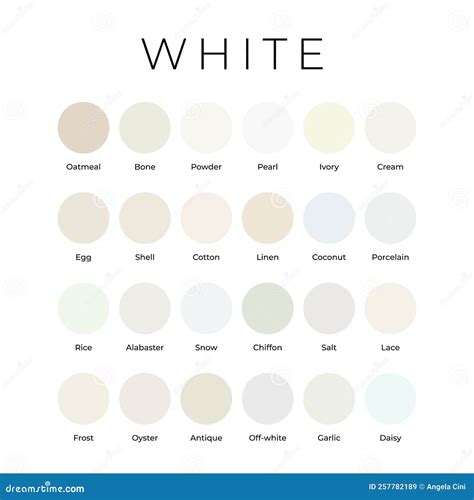 White Color Shades Swatches Palette With Names Stock Vector