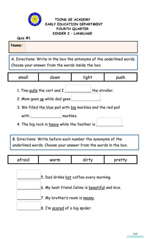 Synonyms And Antonyms Interactive Worksheet Topworksheets