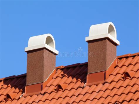 Clay Tile Roof Detail With Stucco Finished Chimney Blue Sky Stock