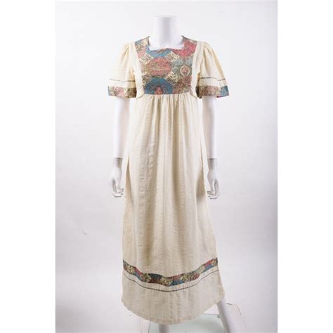 Vintage Womens Prairie Peasant Maxi Dress Sz XS S Paisley Ecru Ivory