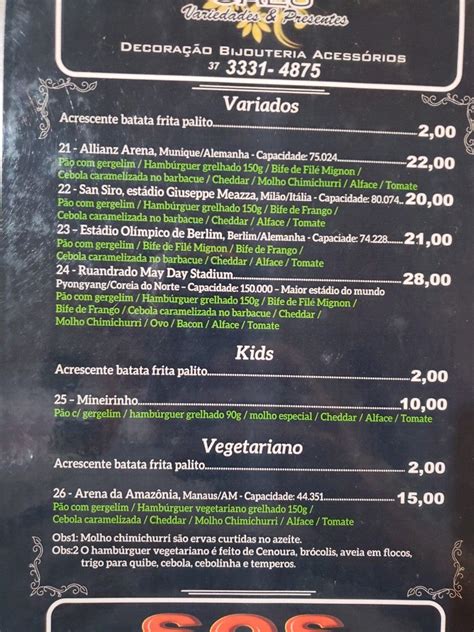 Carta Del Pub Y Bar Stadium Hamburgueria E Espeteria Oliveira