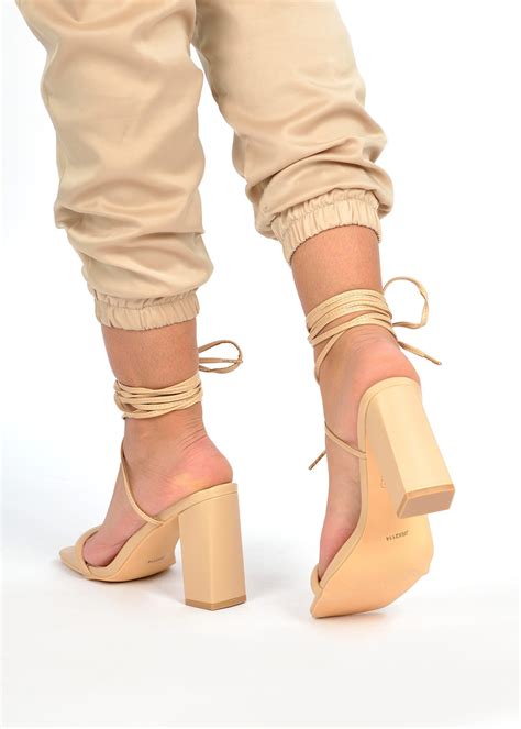 Nude Ankle Tie Square Front Block Heeled Sandals Shoelace Womens