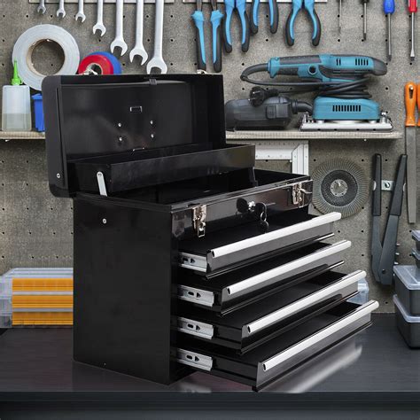 Portable Toolbox Locking Tool Chest Cabinet Storage 4 Drawers Black ...