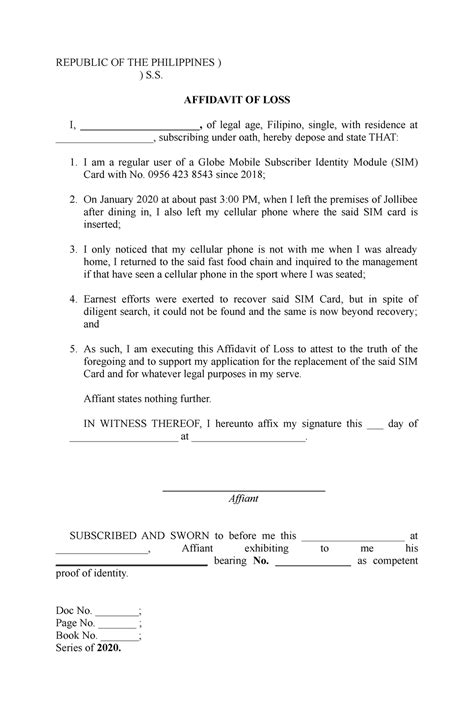 Affidavit Of Loss Sim Card Globe Template Hot Sex Picture