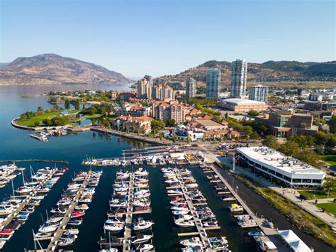 Aerial Kelowna City Waterfront British Columbia Okanagan Valley Stock