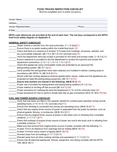 Free 12 Truck Inspection Checklist Samples Food Fire Safety