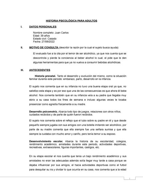 Caso juan ll Semana 4 apunte 1 HISTORIA PSICOLÓGICA PARA ADULTOS