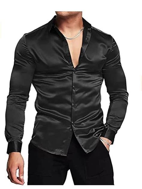 Mens Luxurious Shiny Silk Satin Dress Shirt Long Sleeved Casual Slim