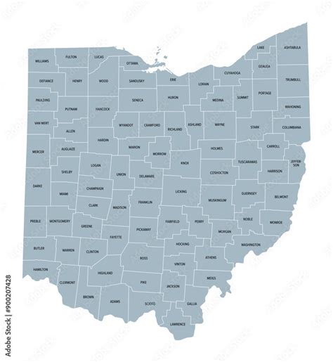 Ohio counties, gray political map with borders and county names. State ...