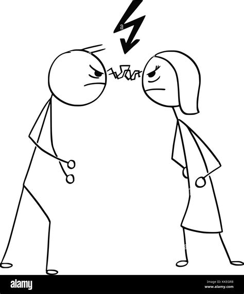 Cartoon stick man drawing illustration of man and woman in quarrel fight with flash between ...