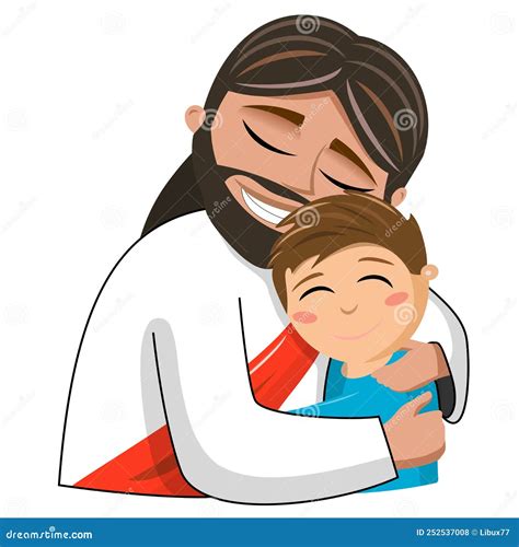 Jesus Cartoon Gives Hug To A Child Or Kid Isolated Vector Illustration