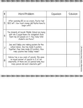 Equation Word Problems Cut And Paste Worksheet Activity One Step And