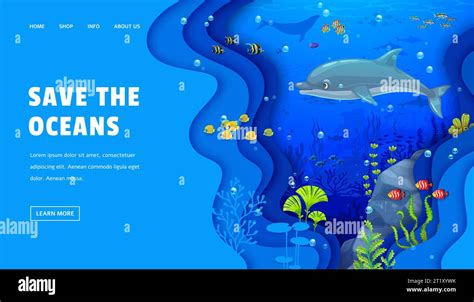 Landing page, underwater sea paper cut landscape with cartoon dolphin, fish shoals and seaweeds ...