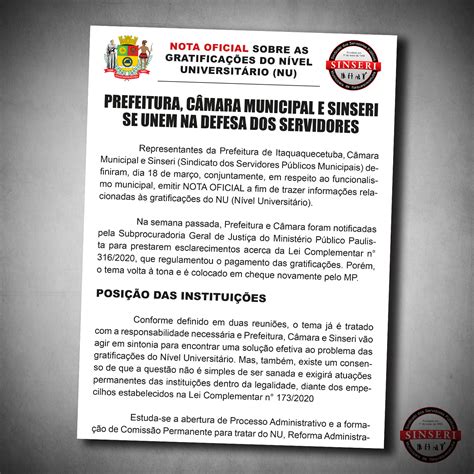 Nota oficial do Sinseri Prefeitura e Câmara alertam sobre fake news