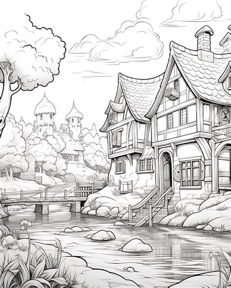 Premium Photo Coloring Page Of A Fantasy Village Scene