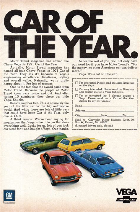 1971 Chevrolet Chevy Vega Range Coty Usa Original Magazine