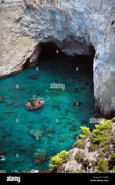 Panoramic View Of Rocky Beach And Cave In Keri Zakynthos Greece Stock