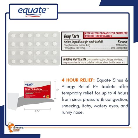 Equate Sinus And Allergy Relief Pe Tablets Maximum Strength Antihistamine And Nasal Decongestant