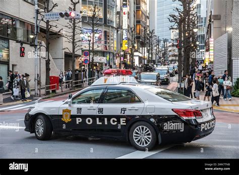 Shibuya Suburb Tokyo Japanese Police Car Patrol Police Officers On