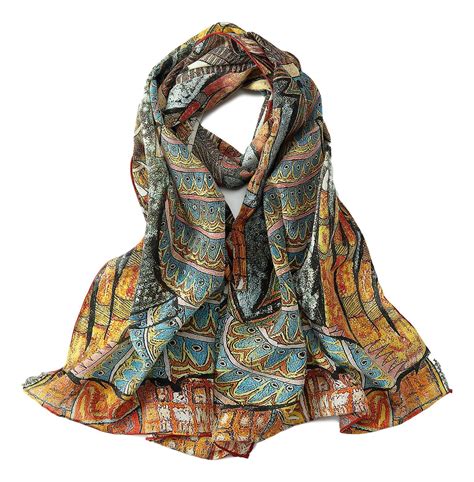 Long Crepe Silk Scarf Orange And Turquoise Classic Painting Lsz021