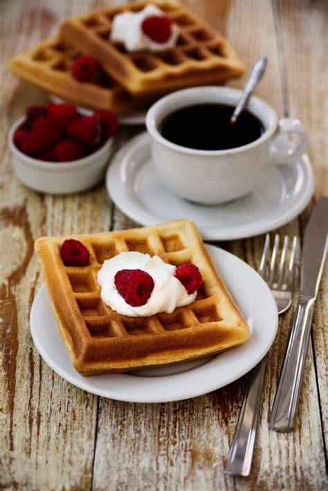 Belgian Waffles With Raspberry For Breakfast Stock Image Image Of