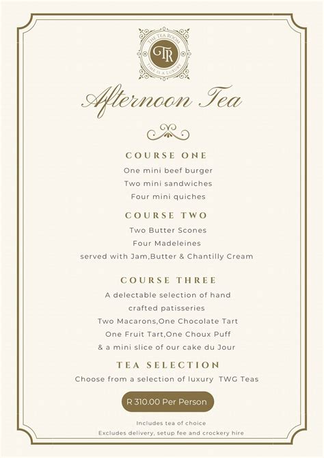 Menu at The Tea Room, Johannesburg