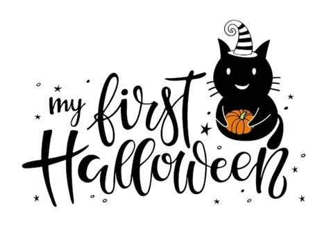 Premium Vector My First Halloween Lettering With Black Cat Wearing