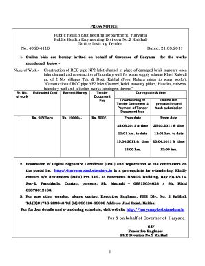 Fillable Online Haryanaphed Etenders Construction Of Rcc Pipe Np Inlet