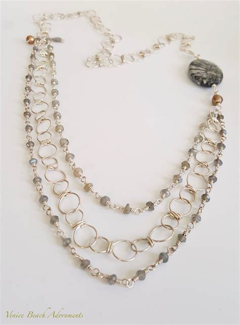 Sterling Silver 3 Strand Beaded Chain Necklace With Labadorite And