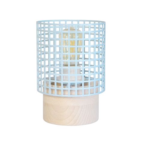 LISERON Lampe De Chevet Cylindrique Bois Naturel Et Bleu Pastel