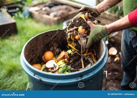 Person Composting Food Waste In Backyard Garden Stock Image Image Of